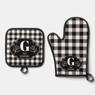 Ensemble De Gant De Cuisine Et De Manique Chèque de bison noir et blanc personnalisé
