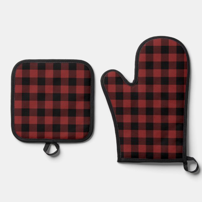 Ensemble De Gant De Cuisine Et De Manique Chèque de Buffle Noir Rouge (Recto)