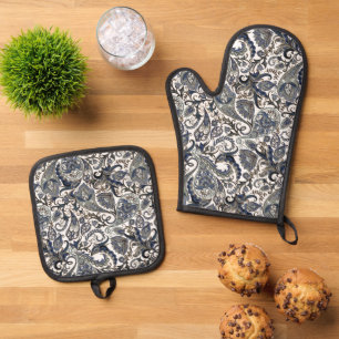 Ensemble De Gant De Cuisine Et De Manique Chic bleu foncé blanc gris motif art paisley