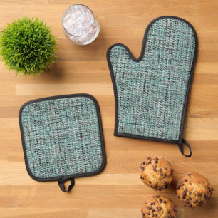 Ensemble De Gant De Cuisine Et De Manique Chic gris Seafoam Blue Green Boucle Motif tissé