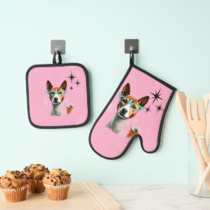 Ensemble De Gant De Cuisine Et De Manique Chien basenji du milieu du siècle