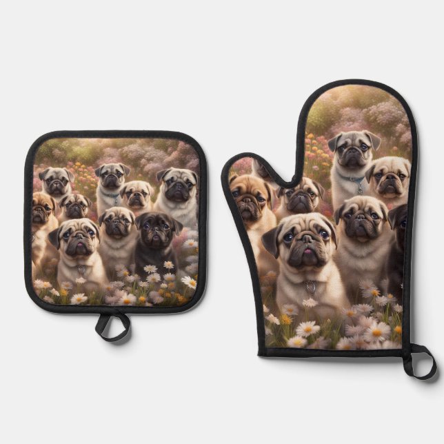 Ensemble De Gant De Cuisine Et De Manique Chien Carlin mignon (Recto)