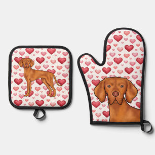 Ensemble De Gant De Cuisine Et De Manique Chien Hongrois Vizsla Amour Cœurs Rouge Rose Motif