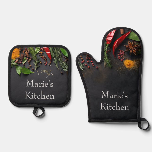 Ensemble De Gant De Cuisine Et De Manique Chilis et épices (Recto)