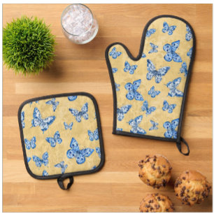 Ensemble De Gant De Cuisine Et De Manique Chinoiserie Bleue Vintage Papillons Damassé Délavé