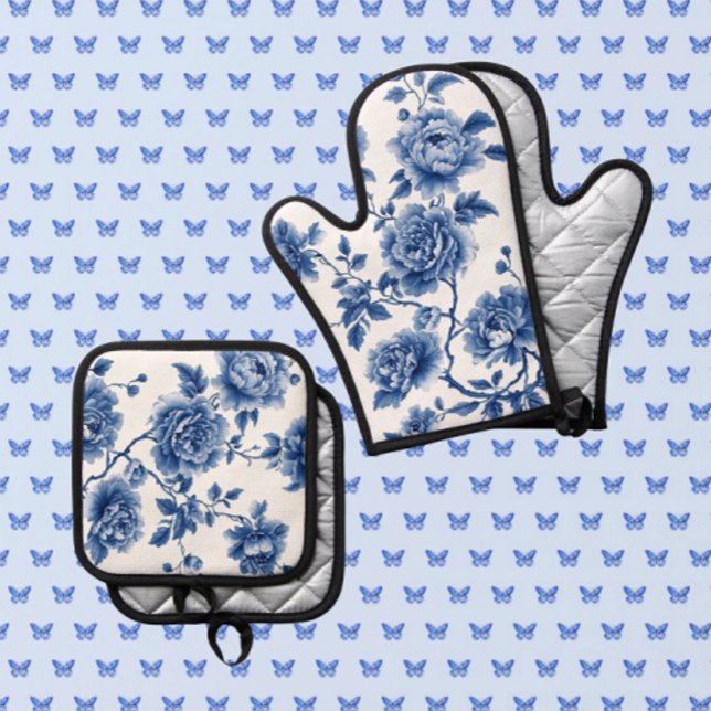 Ensemble De Gant De Cuisine Et De Manique Chinoiserie Roses Bleu Blanc (Glamorous chinoiserie oven mitt and pot holder! Great shower gift!)