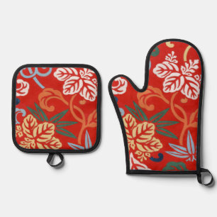 Ensemble De Gant De Cuisine Et De Manique Chinoiserie Rouge Floral Hawaïen Kimono Japonais
