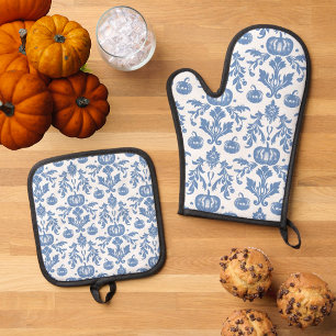 Ensemble De Gant De Cuisine Et De Manique Chinoiserie Vintage Citrouilles Bleues et Blanches