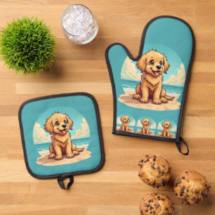 Ensemble De Gant De Cuisine Et De Manique Chiot doré mignon sur une scène de plage ensoleill