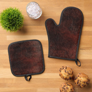 Ensemble De Gant De Cuisine Et De Manique Chocolat foncé Cuir Brown