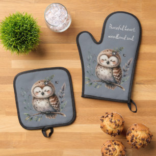 Ensemble De Gant De Cuisine Et De Manique Chouette à l'aquarelle mignonne avec style boisé f