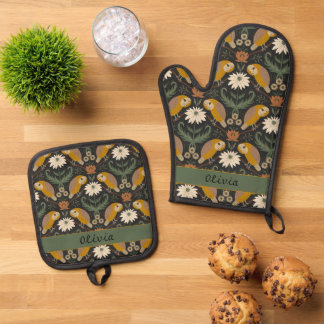 Ensemble De Gant De Cuisine Et De Manique Chouette d'art populaire de cottage et motif de fl