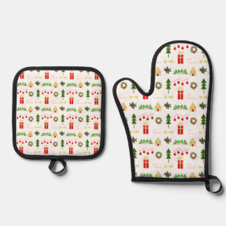 Ensemble De Gant De Cuisine Et De Manique Christmas icons pattern in festive grid