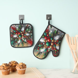 Ensemble De Gant De Cuisine Et De Manique Christmas Splatter / White Bursts