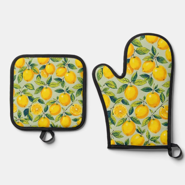 Ensemble De Gant De Cuisine Et De Manique Citron (Recto)