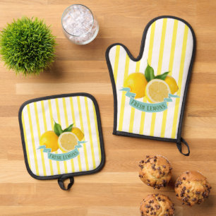 Ensemble De Gant De Cuisine Et De Manique Citrons frais et rayures jaunes