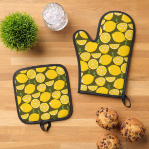 Ensemble De Gant De Cuisine Et De Manique Citrons jaunes et motif vert olive : Citrus modern