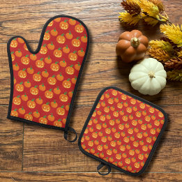 Ensemble De Gant De Cuisine Et De Manique Citrouille de Jack-o-Lantern motif marron Hallowee