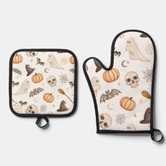 Ensemble De Gant De Cuisine Et De Manique Citrouilles et fantômes effrayants d'Halloween