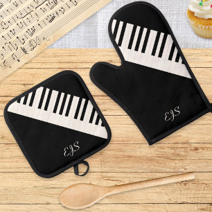 Ensemble De Gant De Cuisine Et De Manique Clavier de piano noir blanc de musique Monogramme