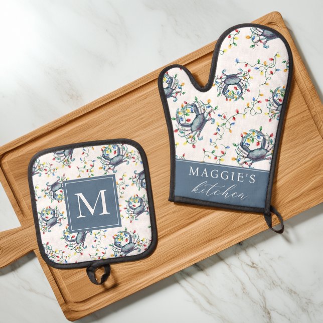 Ensemble De Gant De Cuisine Et De Manique Coastal Crab Christmas Lights Personalized (Créateur téléchargé)