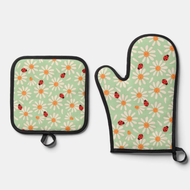 Ensemble De Gant De Cuisine Et De Manique Coccinelles et marguerites de printemps (Recto)