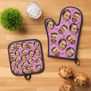 Ensemble De Gant De Cuisine Et De Manique Cœur de photo personnalisée de couple lavande