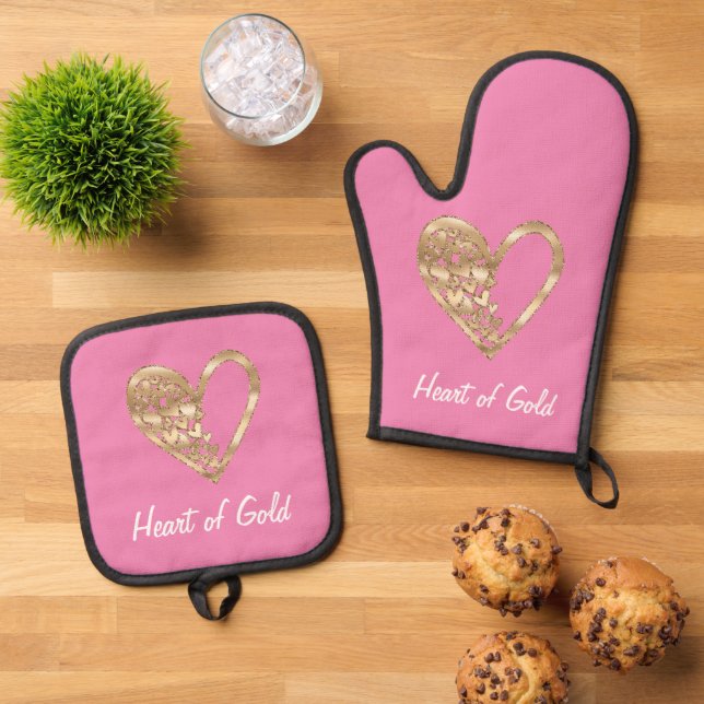 Ensemble De Gant De Cuisine Et De Manique Coeur rose chic de l'or (De haut en bas)