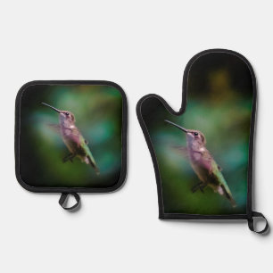 Ensemble De Gant De Cuisine Et De Manique Colibri à gorge rubis - photo originale