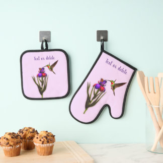 Ensemble De Gant De Cuisine Et De Manique Colibri Et Fleur Iris Personnalisés