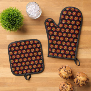 Ensemble De Gant De Cuisine Et De Manique Collarette rouge Dahlia motifs floraux sur noir