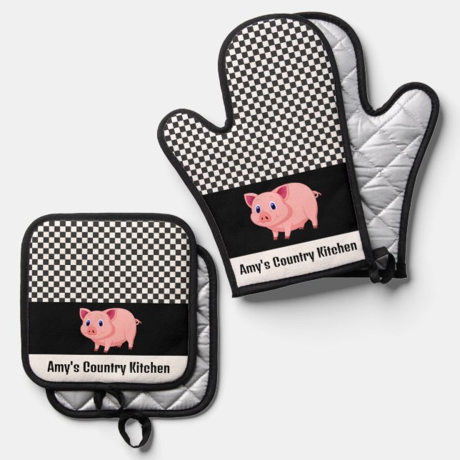 Ensemble De Gant De Cuisine Et De Manique Conception de cochon rose (Recto/Verso)