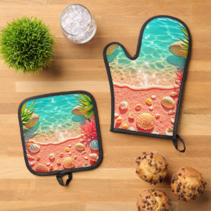 Ensemble De Gant De Cuisine Et De Manique Conception des coquilles de plage baisées au solei