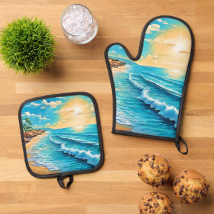 Ensemble De Gant De Cuisine Et De Manique Conception des vagues de plage éclairées