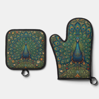 Ensemble De Gant De Cuisine Et De Manique Conception élégante de paon bohème vintage