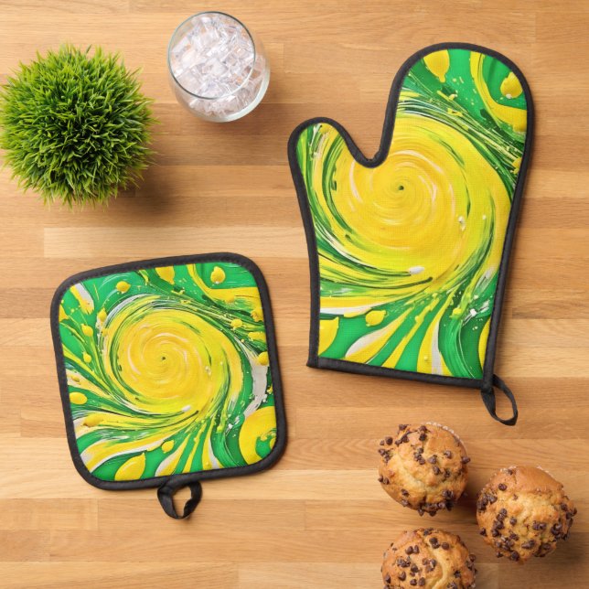 Ensemble De Gant De Cuisine Et De Manique Conception Tornade de Citron (De haut en bas)