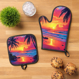 Ensemble De Gant De Cuisine Et De Manique Conception Tropical Sunset Paradise