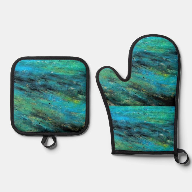 Ensemble De Gant De Cuisine Et De Manique Conception Turquoise (Recto)