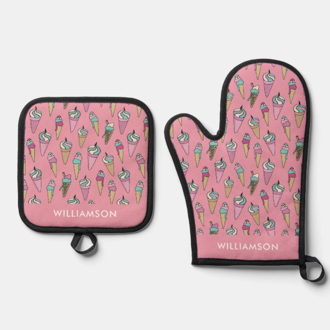 Ensemble De Gant De Cuisine Et De Manique Cône de glace rose  (Recto)