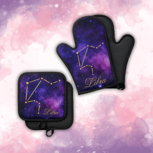 Ensemble De Gant De Cuisine Et De Manique Constellation Gold Libra sur Galaxie noire