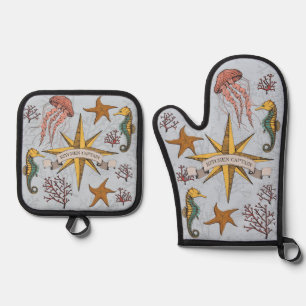 Ensemble De Gant De Cuisine Et De Manique Cool Blue Nautical Kitchen Capitaine Sea Life