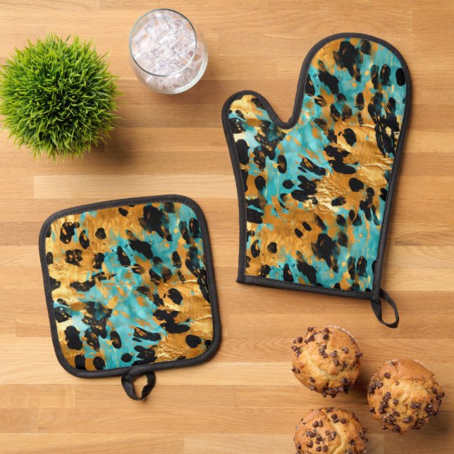 Ensemble De Gant De Cuisine Et De Manique Cool Gold Aqua Leopard (De haut en bas)