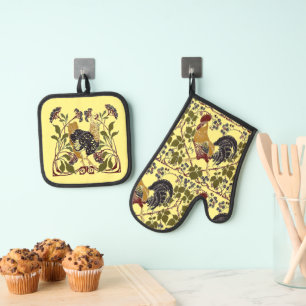 Ensemble De Gant De Cuisine Et De Manique Coq et baies Art Nouveau vintage