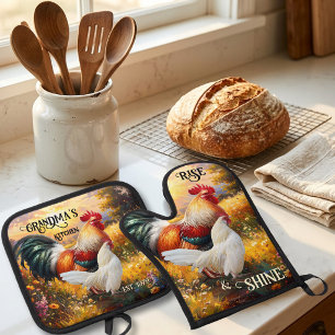 Ensemble De Gant De Cuisine Et De Manique Coq et Poule de Ferme Rustique Personnalisés