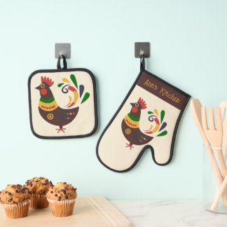 Ensemble De Gant De Cuisine Et De Manique "Coq" Style d'Art Populaire Personnalisé
