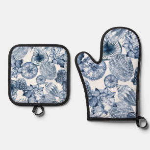 Ensemble De Gant De Cuisine Et De Manique Coquillages bleus et blancs Design côtier