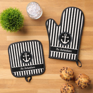 Ensemble De Gant De Cuisine Et De Manique Corde d'ancre nautique rayures noires et blanches 
