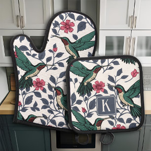 Ensemble De Gant De Cuisine Et De Manique Cottage de colibri Botanical Pink & Blue Monogram