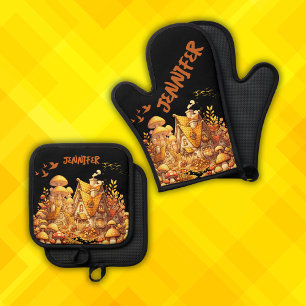 Ensemble De Gant De Cuisine Et De Manique Cottage de Monogramme Golden sur Noir  