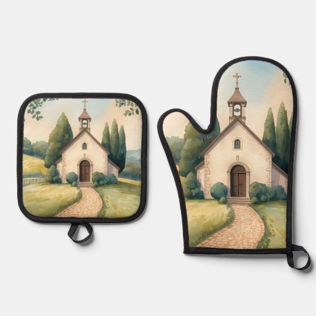 Ensemble De Gant De Cuisine Et De Manique Cottagecore Chapel Path Pastel Landscape (Recto)